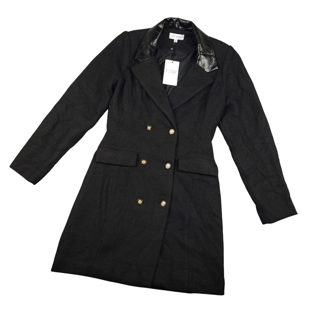 Lost + Wander Womens Blazer Mini Dress Medium Black Wool Blend Double Breasted
